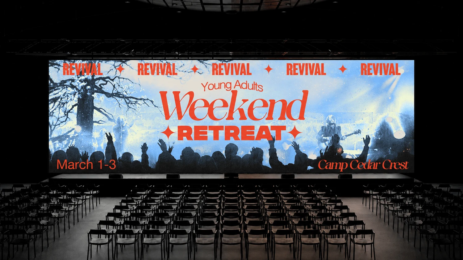 Weekend Retreat graphics on the stage LED wall