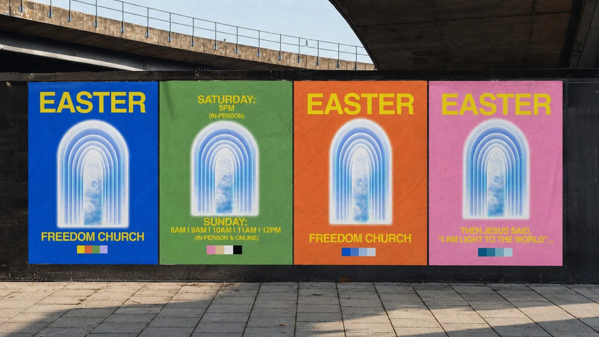 Four Easter portal posters pasted beneath an overpass