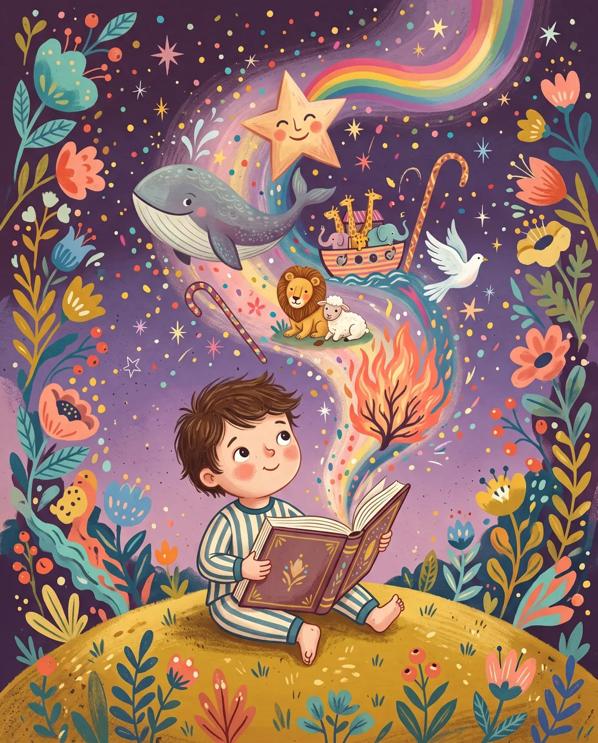 A boy reads a Bible as the story pours out in a parade of whales, lions and rainbows