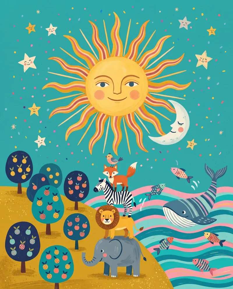 Creation — a painted sun, moon and animals