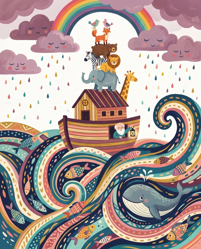 Noah's ark on striped ribbon seas